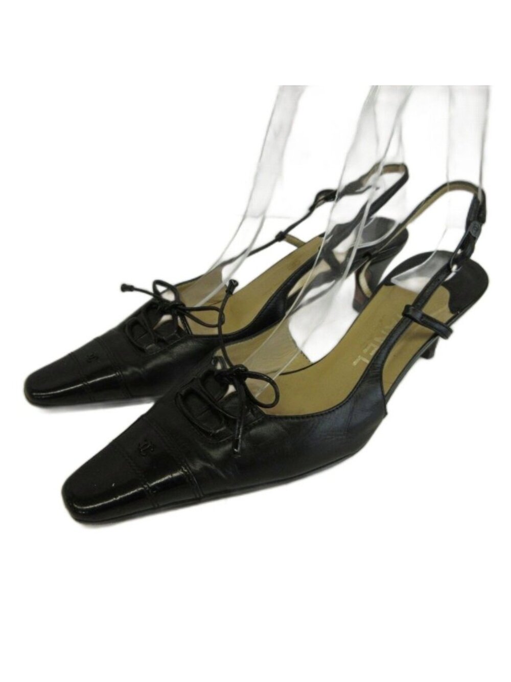 Chanel Vintage CC Logo Slingback Pumps Leather Square Toe Middle Heels Ribbon